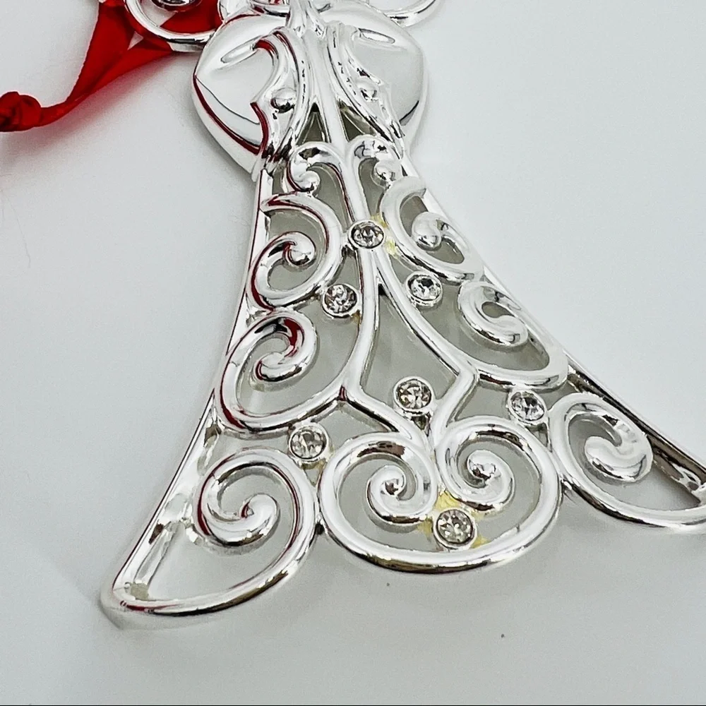 LENOX Sparkle and Scroll Clear Crystal Silver-plated Angel Ornament 5” Ribboned